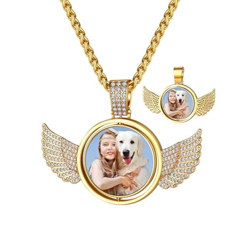 Custom4U Picture Necklace Personalized Photo for Men Women Steel/18K Gold Plated/Black Custom Angel Wings/Heart Pendant Necklace with Picture Memory Circle Chain 18-30 Inch,Hip Hop Jewelry+G