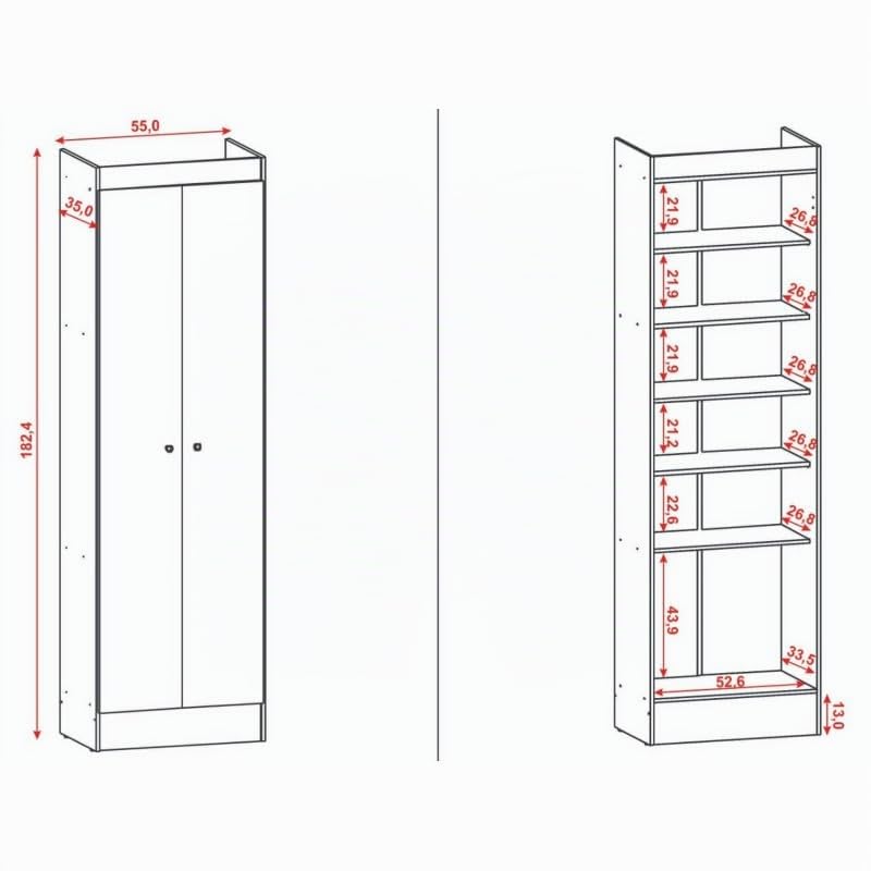 ACTUAL DIFFUSION Aura Armoire Multifonctions Noire 2 Portes 6 Niches 5 Étagères L 55 cm H 182.4 cm P 35 cm