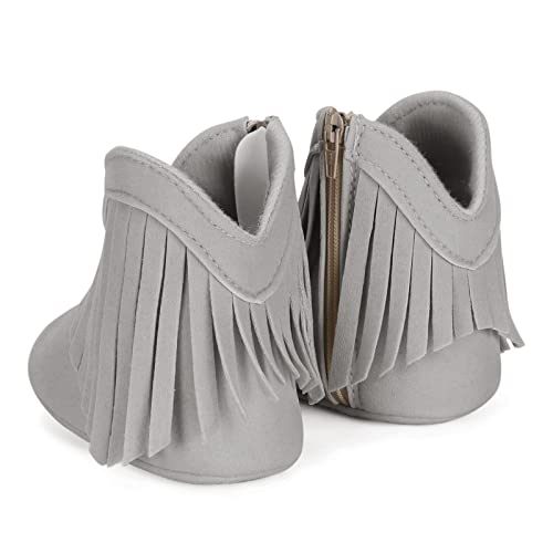 ESTAMICO Baby Girls Cowboy Tassel Boots Side Zipper Non Slip Infant/Toddler Shoes, Grey 12-18 Months