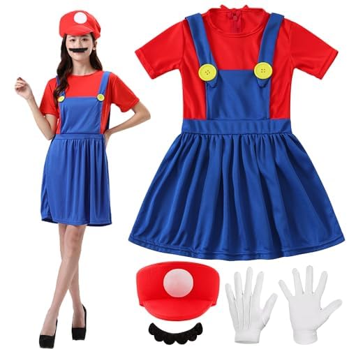 YeahBoom Mario Kostüm Luigi Kostüm Set 4 Stück Luigi Kostüme mit Mütze Bart Handschuhe Super Bros Cosplay Kostüme Männer Damen Erwachsene Outfit für Weihnachten Karneval Cosplay Faschingskostüme