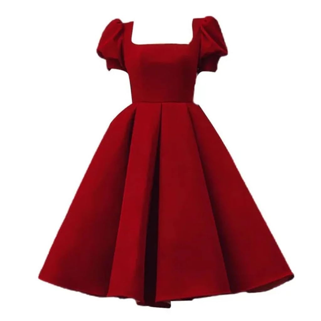 Robe trapèze mi-longue bordeaux à col carré et perles pour femme