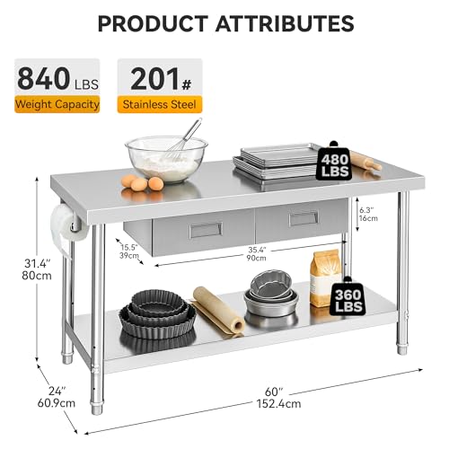 Image of DWVO 60x24in Stainless Steel Table with 2 Drawers | NSF Metal Prep Worktable for Kitchen Restaurant Hotel Garage Warehouse Home Commercial