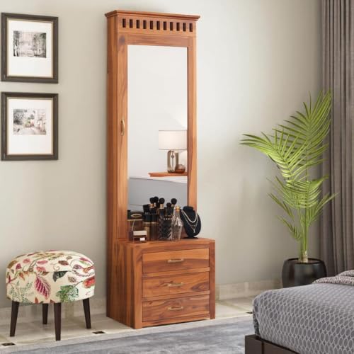 Image of Solid Sheesham Wood Dressing Table with Storage Mirror & 3 Drawers, & 1 Door Storage for Living Room Bedroom Wooden Make Up Vanities Dresser for Bedroom Home (Natural Finish)