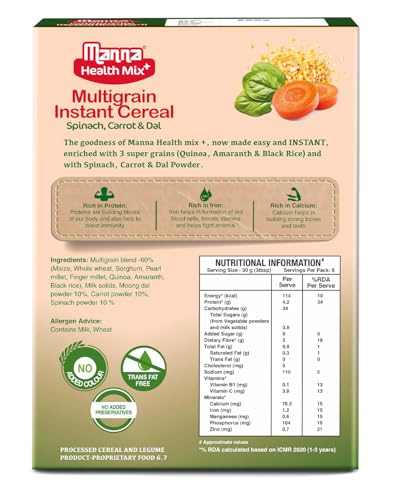 Image of Manna Health Mix Instant Multigrain Cereal, Spinach, Carrot, Dal with Milk. Made with Real Vegetables and 8 super grains and millets. No Added Sugar, No Artificial Color, Flavors 200g