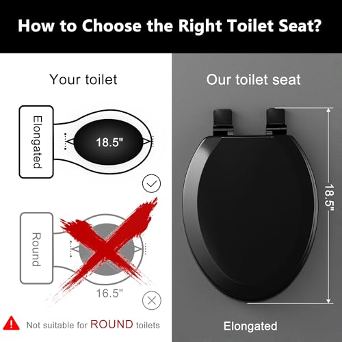 Image of Angol Shiold Slow Close Wood Toilet Seat（Black, Elongated 18.5''） | Durable enameled wood elongated toilet seat, adjustable non-slip hinges, anti-pinch bumpers, easy to install and clean