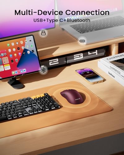 Image of ProtoArc EM15 USB C Mouse, Tri-Mode Bluetooth Mice for Laptop, Wine Red | 68g Ultra-Light, Full-Size Ergonomic Design, Silent Clicks, Rechargeable, Dual Receivers (Type-C & USB-A), for Windows, Mac