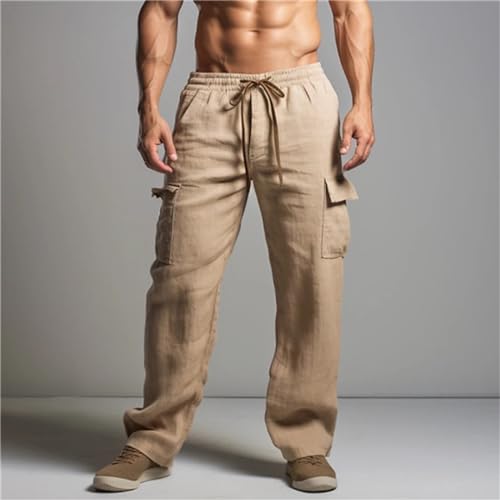 Slim Fit Linen Pants for Men Long Pants Drawstring with Pocket Straight Plain Comfortable Breathable Pants2