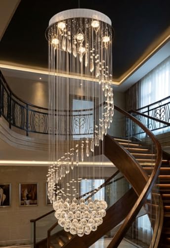 Image of Sanleen Modern Contemporary K9 Crystal Glass Double Height Chandelier Ceiling Lighting Lamp (Design 5) | 2 Ft Width x 8 Ft Height Luxury Staircase Chandelier for Duplex, Foyer, Lobby & Villa Decor