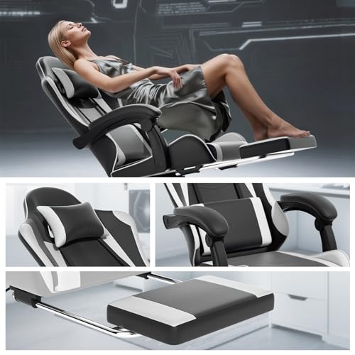 Image of Athena Collection Ergonomic Gaming Chair for Adults, White | Height Adjustable Office Chair Computer Desk Chair with Footrest & Headrest Lumbar Support for Office & Home, 350lbs