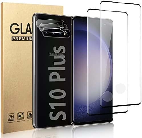 [2+2Pack] Galaxy S10 Plus Screen Protector Tempered Glass + Camera Lens Protector [9H Hardness][Compatible Fingerprint] 3D Curved HD Clear Glass Film for Samsung Galaxy S10 Plus /S10+ (6.4 Inch)
