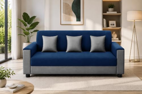 Image of 3 Seater Wooden Sofa | Velvet Fabric Couch with Cushions | Comfortable Living Room Sofa | Sturdy Wooden Frame | Home & Office Furniture | Blue & Grey