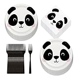 Panda Party Animal Face Paper Dinner Plates, Luncheon Napkins, and Forks for Panda Theme Party (Serves 16)