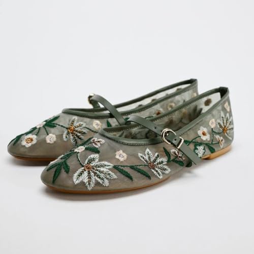 Mesh Mary Jane Flats for Women Clear Mesh Ballet Flats Slip On Ballerina Shoes Low Top Buckled Strap Breathable Lightweight Retro Flora Chinese Slippers No Slip Dress Sandals Office Casual Streetwear2