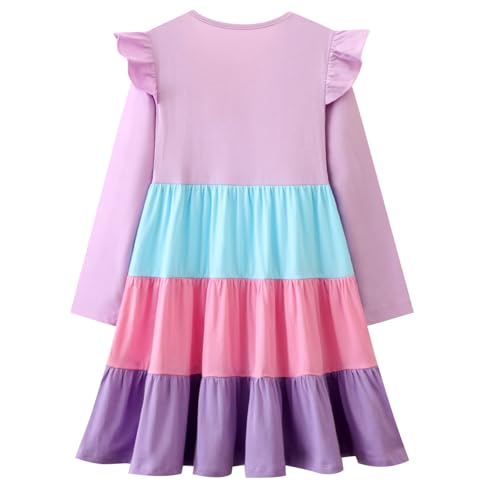 Girl Long Sleeve Dress Ruffle Rainbow Color Block Cotton Casual Tiered Pleated Twirly Dress3