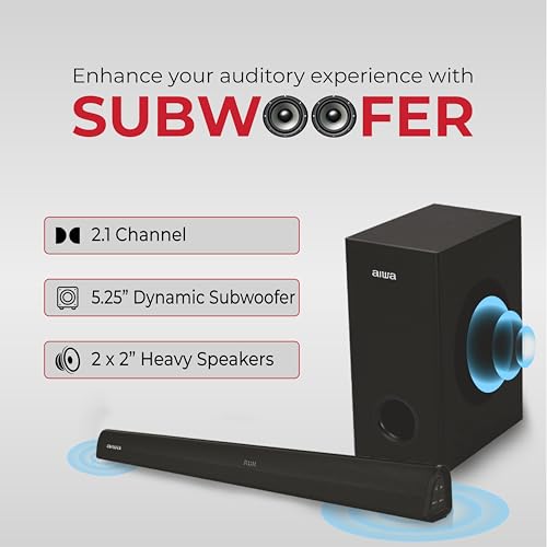 Image of Aiwa Signature Sound | Soundbar with Bluetooth V5.3 and Powerful Bass, 5.25 Inches Subwoofer, 2.1 Channel with Remote Control, SD Card HDMI AUX USB 120W Surround Sound | KANDO - AW-SSB120 (Black)