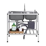 Freistehende Edelstahl Waschbecken Ausgussbecken Doppelbecken, Restaurant Küchenspüle mit Kalt-/Warmwasserhahn, 2 Fächer