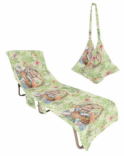 Green Easter Beach Lounge Chair Towel Cover, Soft Chaise Lounge Towel with Side Pockets Patio Pool Chairs Cover for Beach/Pool Sunbathing 29x85 Spring Floral Botanical Bunny Eggs Basket