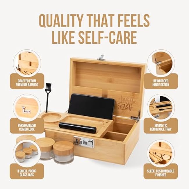 The OG Storage Box - Large Bamboo Box with Combination Lock, Magnetic Lid, Organizer Tray, Airtight Tube and 3 Smell-Proof Jars - Discreet Decorative Locking Wooden Box with Accessories (Wood/Silver)