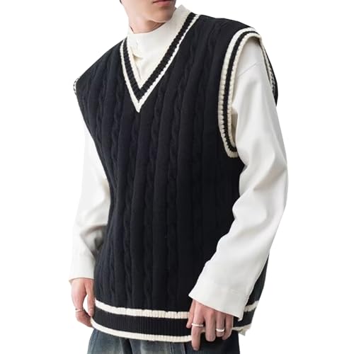 Mens Cable Knit Sweater Vest V Neck Sleeveless Striped Casual School Sweater Vest Top Fall Winter