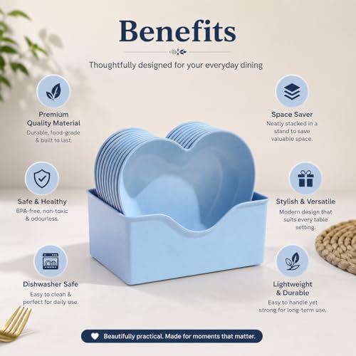 Image of DEVAR Plastic Heart Shape Snack & Dessert Plate Set for Kids with Stand | Lightweight, Eco-Friendly & Microwave Safe Chat Plates | Wheat Straw Fiber | Set of 10 (Blue)