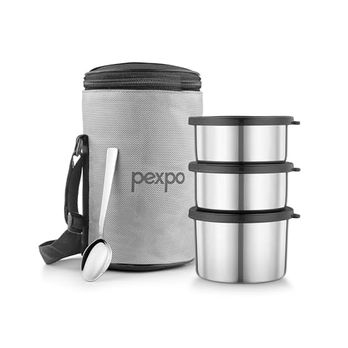 Image of Go24 pexpo Marvel-3 Stainless Steel Meal Box with 3 Containers (2 * 280ml & 430ml), 1 Spoon & Bag - Grey & Black|BPA Free Lid | Leak Proof | Lunch Box for Office Men and Women