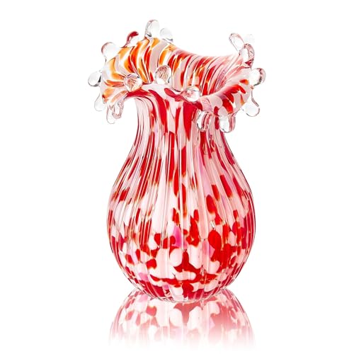 Hand Blown Glass Vase for Flowers 8 Inch Red Crystal Bubble Flower Vases