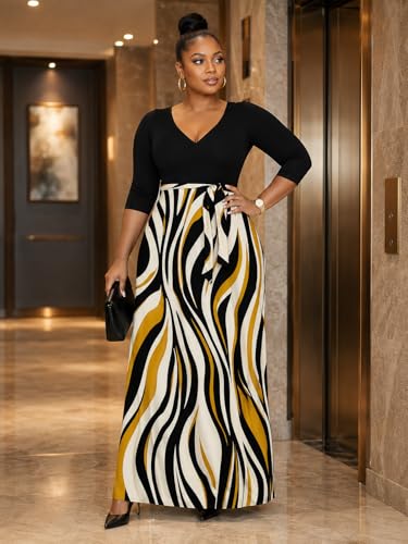 Image of Women's V Neck Floral Maxi Dress 3 /4 Sleeve Plus Size Boho Wrap Flowy Long Dresses with Belt