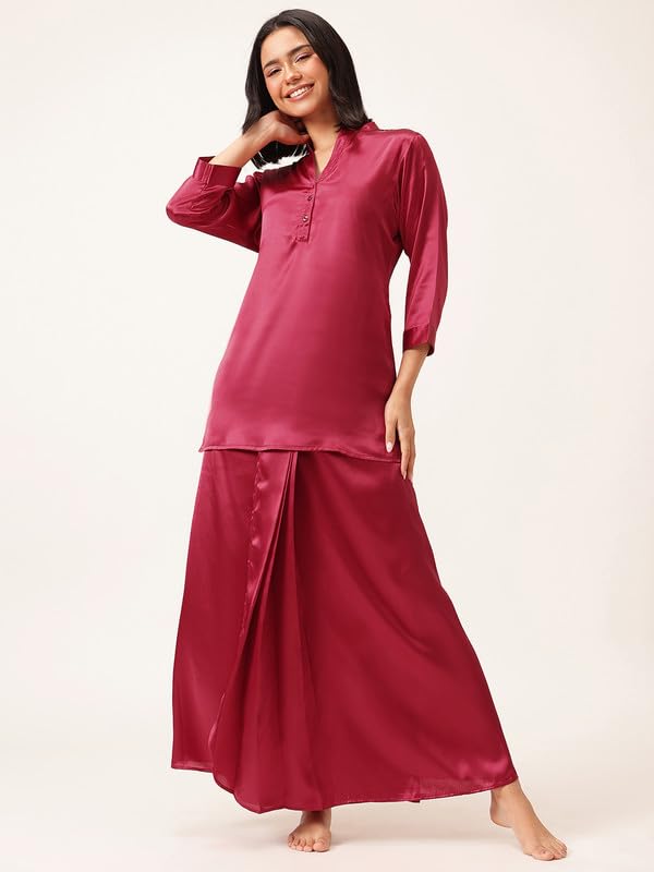 Image of Clovia Women's Chic Basic Satin Long Button Down Top with Dhoti Style Skirt