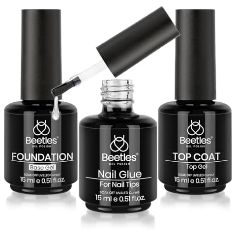 Beetles Top Coat Base Gel & Nail Glue Set-3Pcs No Wipe Top Coat & Base Coat with 5 In 1 Nail Glue Shine Effect Long Lasting Soak Off Uv Light Lamp Diy Valentine's Day Gift for Women Cover