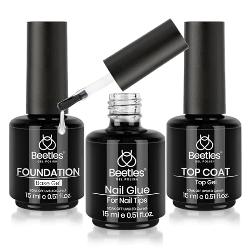 Beetles 3Pcs Top Coat Base Gel & Nail Glue Set No Wipe Base Coat with 9 In 1 Adhesive Shine Effect Long Lasting Soak Off UV Light Lamp DIY Gifts for Women & Girls