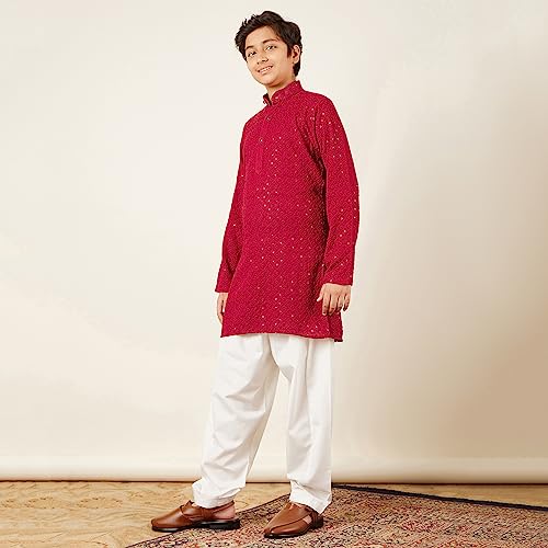Image of AJ DEZINES Chikankari Kurta For Boys- Ethnic Wear | Embroidery Chikankari Sequined | Traditional & Festive Outfit | Cotton Stylish Boys Kurta | Perfect For Wedding & Family Function