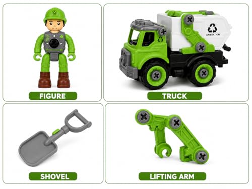 Image of DIY Assembled Sanitation Truck Toy Set for Kids 3+ | Take Apart Garbage Truck with Screwdriver, Worker Figure & Tools | Educational Construction Vehicle Puzzle Assembly Toy for Boys & Girls