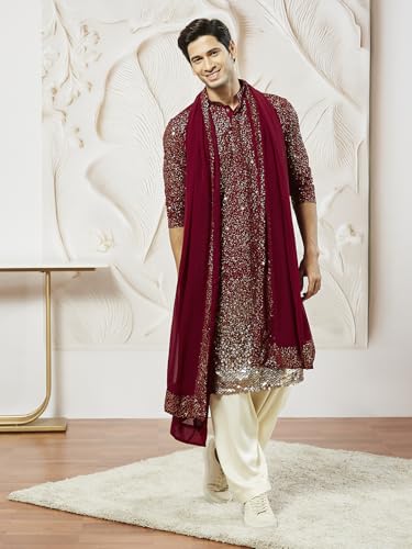 Image of VASTRAMAY Men Men's Maroon Georgette Kurta Patiala And Dupatta Set