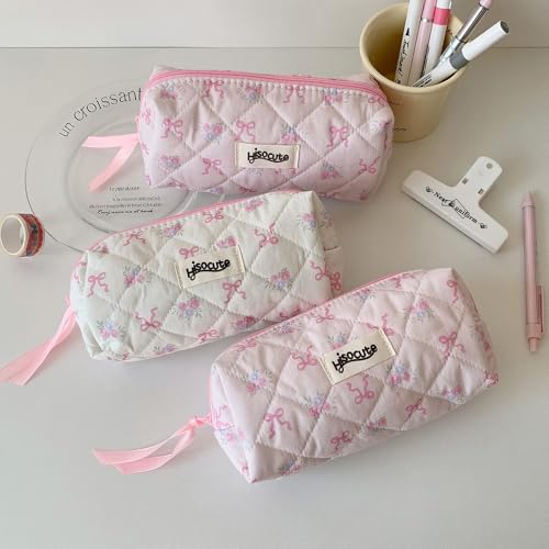Image of Carry bloom Pencil Pouch Cute Pencil Case for Girls Aesthetic Pencil Bag with Zipper Pen Cases School Supplies Makeup Bag (bow flower pink)