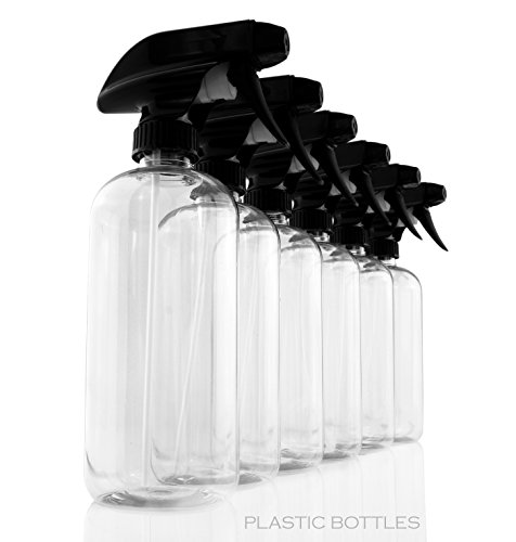 Clear Plastic Boston Round Spray Bottles with Heavy Duty Mist & Stream Sprayers and Chalkboard Labels (6-pack); PET #1 BPA-free, Use for DIY Cleaning, Kitchen, Hair Etc (16 ounce, Clear)