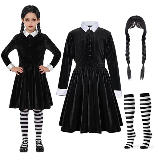 Spooktacular Creations Kleid mit Schwarzem Kragen, Langärmliges Schulmädchenkostüm, Skaterkleid aus Samt für die Halloween-Party von Kindern