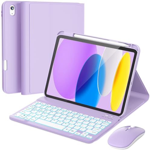 Image of RAYMCRAFT for iPad 11th (A16, 2025) / 10th Generation Case with Keyboard, Mouse and Detachable Wireless Keyboard, 7-Color Backlight, Slim Case with Pencil Holder, Light Purple