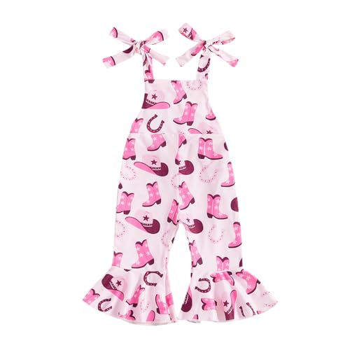 Image of Lefyira Toddler Cowgirl Outfit Baby Girl Bell Bottom Romper Summer Sleeveless Jumpsuit Flare Overalls Western Baby Clothes
