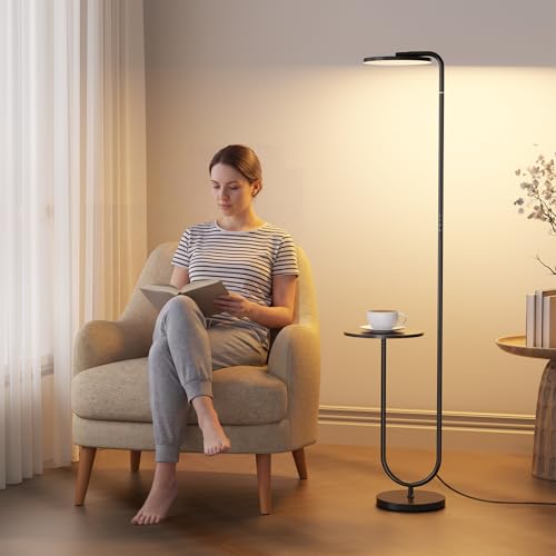 Image of SIBRILLE 36W LED Floor Lamp with Table, Super Bright Standing Lamp, Modern Stepless Dimmable Torchiere Tall Lamp with Remote Control, 350Rotating Head Floor Lamp for Living Room, Bedroom, Office