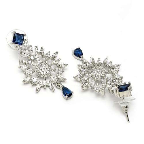 Image of ZENEME Rhodium Plated Brass Silver Toned Floral & Tear Drop Blue Crystal American Diamond Necklace With Earring Jewellery Set For Women