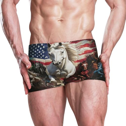 July 4th Independence Day American Flag Horse Mens Swim Trunk Swimwear Swim Brief Square Leg Board Short S S04073482