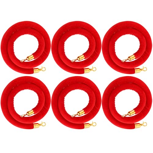 Woanger 6 Pack 5 Feet Velvet Stanchion Rope Crowd Control, Red