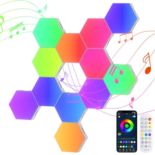 12PCS Hexagon LED Lights, RGB Hexagon Light, Gaming Wall Panels with Music Sync, Remote & App Control,Timer, Hexagonal Led Lights, Smart Hex Wall Light for Room Decor,Bar, Bedroom,Gaming Setup