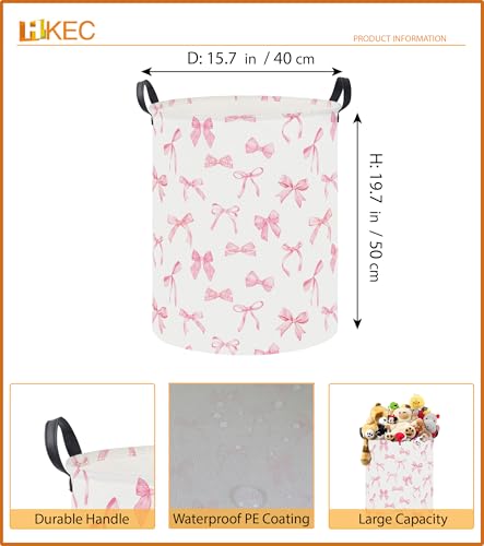 Image of 19.7 inch Laundry Basket,Dirty Clothes Hamper,Waterproof Storage Bin(Pink Bowknot)