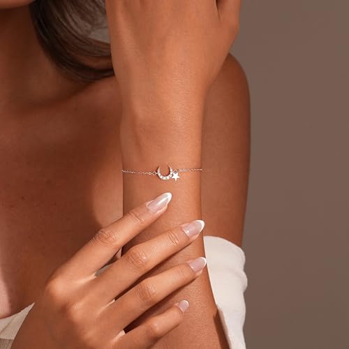 SUYACS 925 Sterling Silver Star Moon Bracelets for Women Dainty 14K Gold Plated CZ Crescent Link Bracelet Lucky Friendship Charm Chain Bangle Jewelry Birthday Gifts for Mom Daughter Friends3