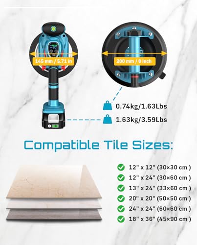 Image of Tile Vibration Tool with 8 inch Suction Cup Kit for Laying and Lifting Tile | 145mm Tile Vibrator, 10 Speeds, 18000 r /min, 2 x 2000mAh Batteries, 220 /450 lb Suction, For 6-48 in Floor and Wall Tiles