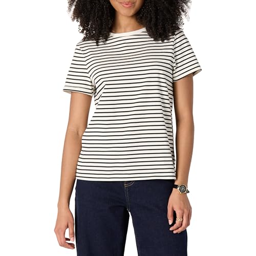 Amazon Essentials Camiseta de Manga Corta con Cuello Redondo 100 % Algodón, Corte Estándar Mujer, Cáscara de Huevo Negro Rayas Marineras, XL