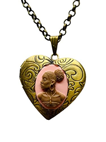 Antiqued Goldtone Pink and Brown African Lady Cameo Heart Locket Necklace