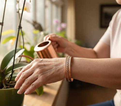 Image of Touchstone Copper Magnetic Hand Forged With Solid And High Gauge Tibetan Style Chains Pattern Minimalistic Elegance Pure Copper Bracelet In Two Tones.