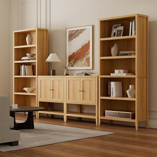 Image of EYYTHUNG 71 inch Tall Bookshelf, 5 Tiers Farmhouse Floor Standing Display Storage with Adjustable Shelf, Wooden Open Bookcase Home Decor Organizer, Large Modern Book Storage Shelf, Natural Oak